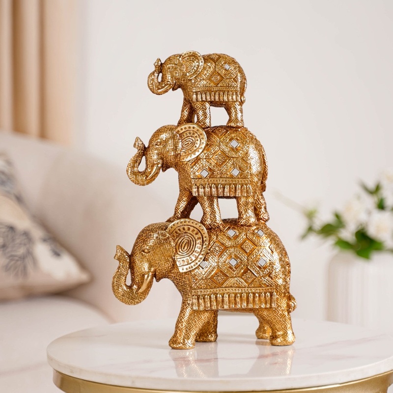 Indian Decorated Elephant Family With Mirrorwork Gold