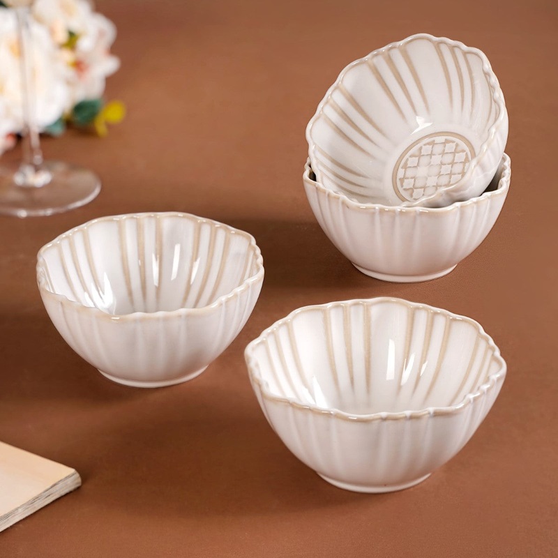 Stoneware Ivory Scallop Rimmed Soup Bowl Set Of 4 350ml