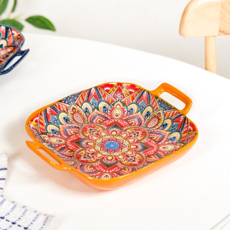 Mandala Melange Square Ceramic Serving Platter Orange