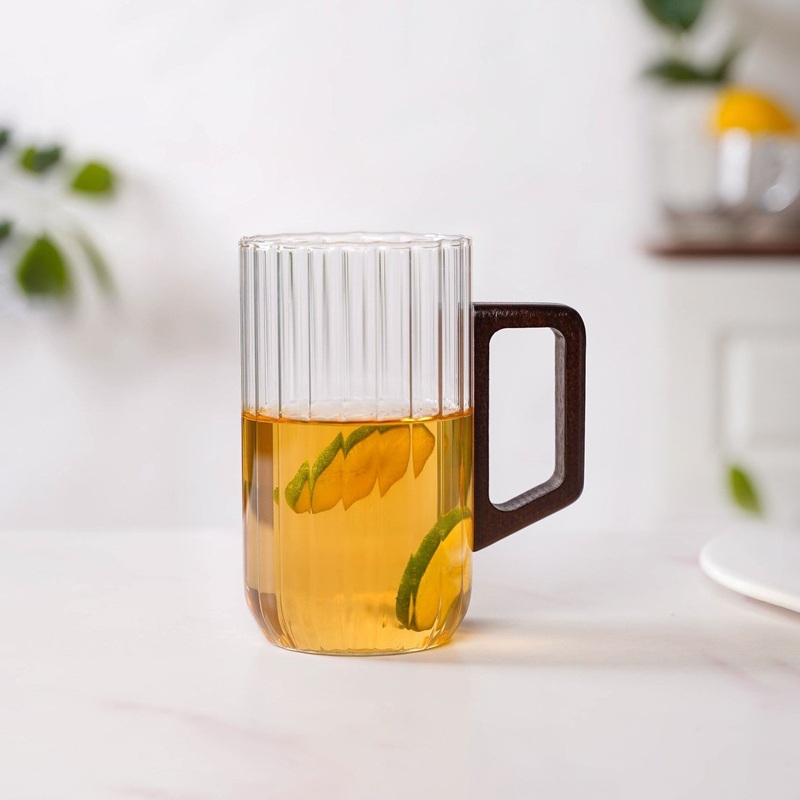 Ribbed Large Glass Mug With Wooden Handle 500ml