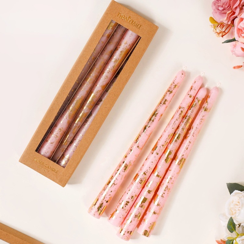Set Of 8 Gold Glam Pink Taper Candles