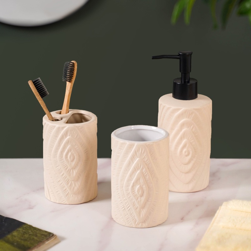 Textured Bathroom Accessories Set Of 3 Beige