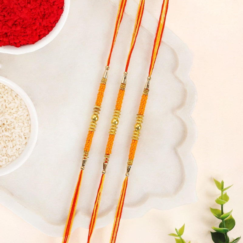 Golden Beads Orange Rakhi Gift Set