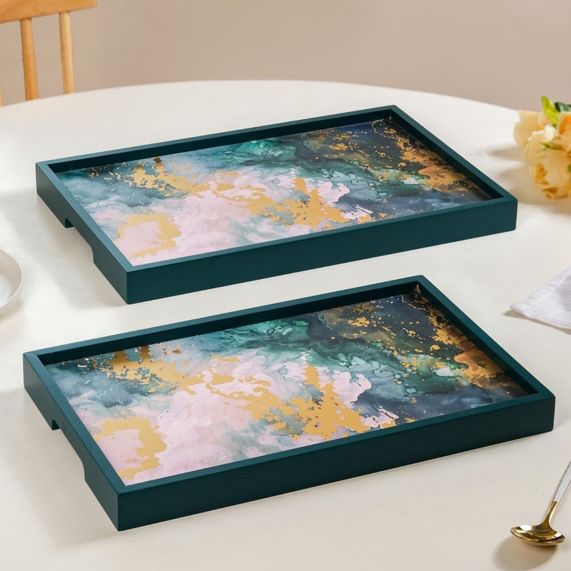 Impressionism Sky Art Tray Set Of 2 Teal Matte Gold
