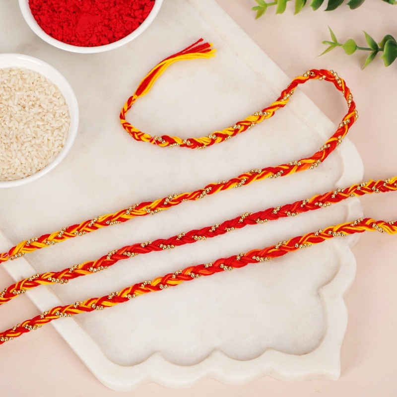 Red and Golden Braided Rakhi Gift Set Of 3