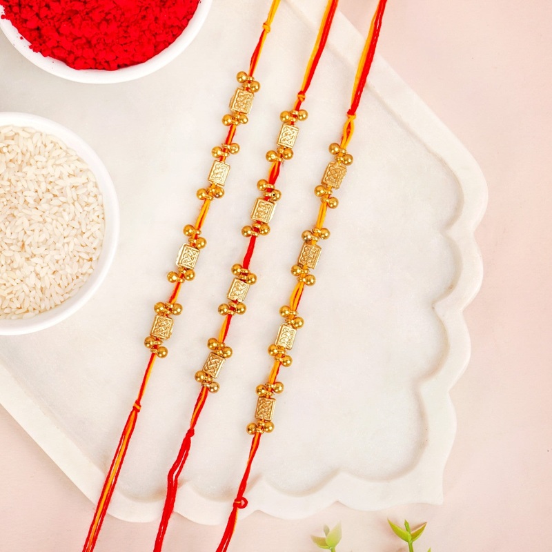 Red And Yellow Traditional Beaded Rakhi Gift Set Of 3