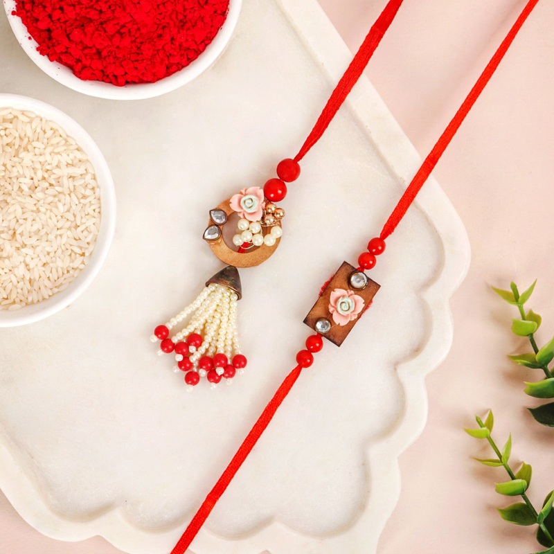 Red Beads Rustic Charm Rakhi Lumba Gift Set