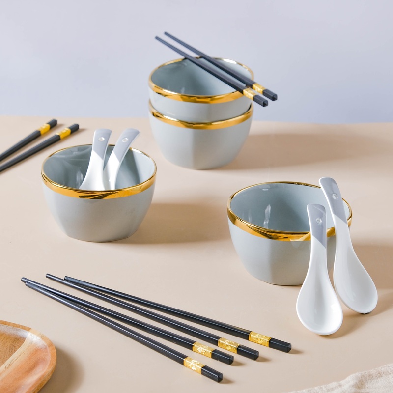 Gorgeous Grey Snack Bowl Set Of 4 With Chopsticks And Soup Spoons