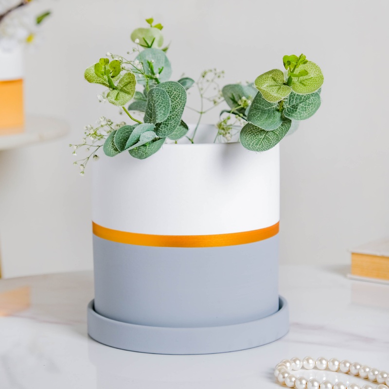 Grey And White Bicolour Pot With Plate