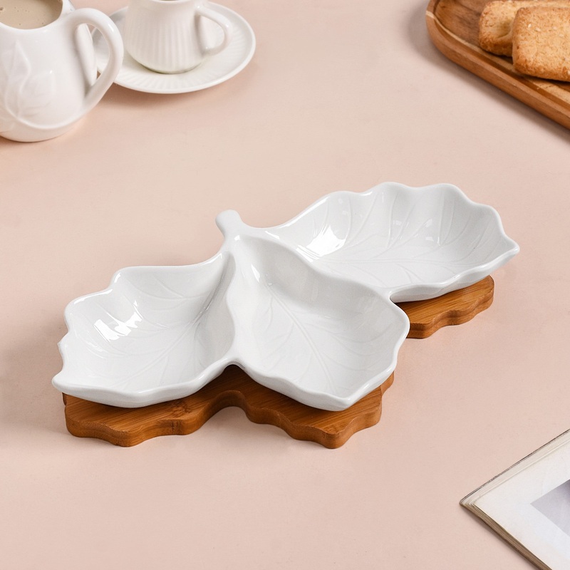 3 Section Leafy Ceramic Plate With Wooden Tray