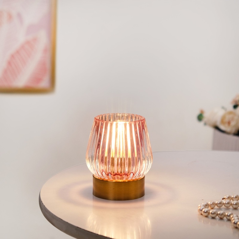 Ribbed Glass Tulip Battery LED Table Lamp