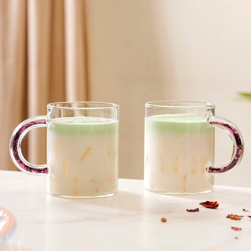 Set Of 2 Pink Sparkle Handle Glass Coffee Mugs 425ml