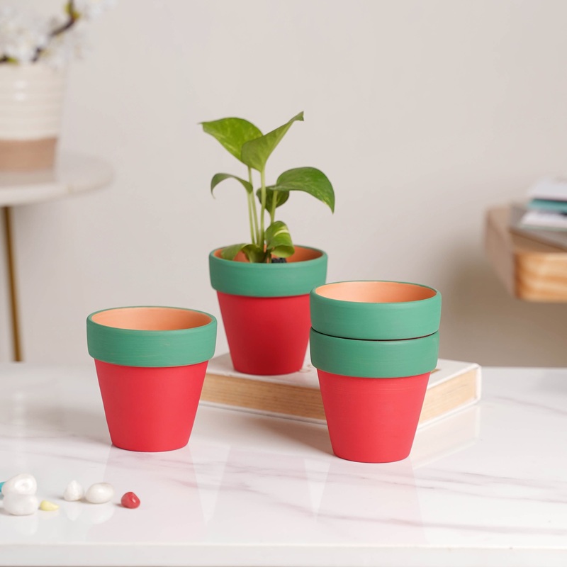 Green Rim Red Clay Pot Set Of 4