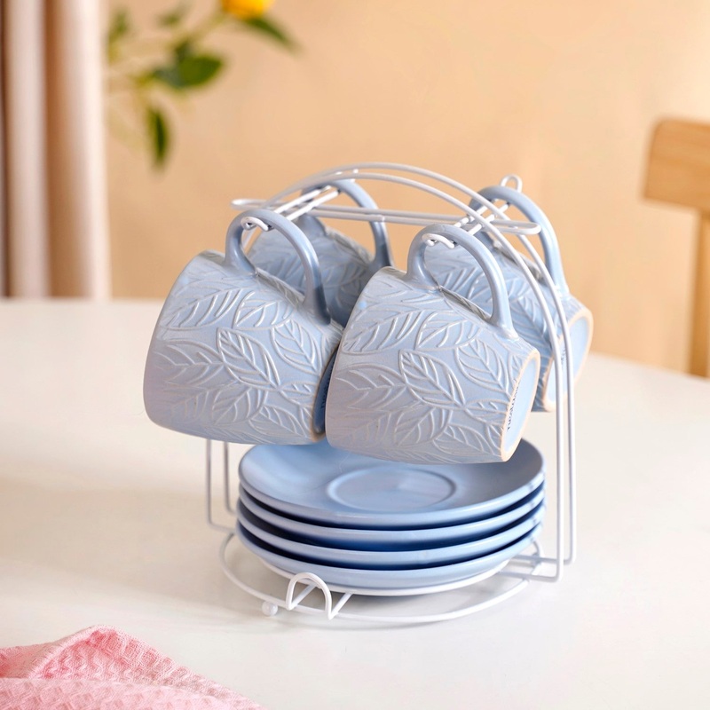Soft Pastel Ceramic Tea Cup And Saucer Set For 4 With Stand 200ml
