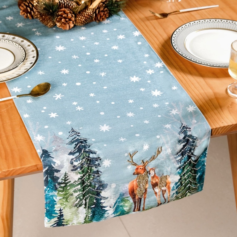 Stag And Doe In Snow Print Embellished Dining Table Runner