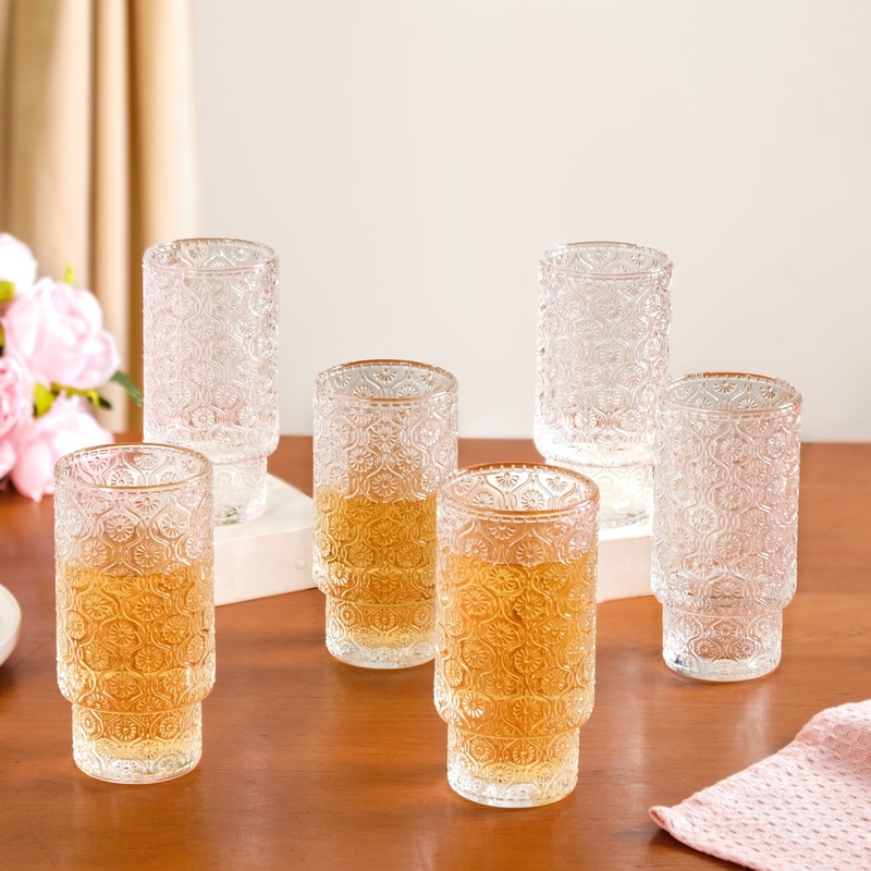 Floral Embossed Tall Glass Tumblers Set Of 6 330ml