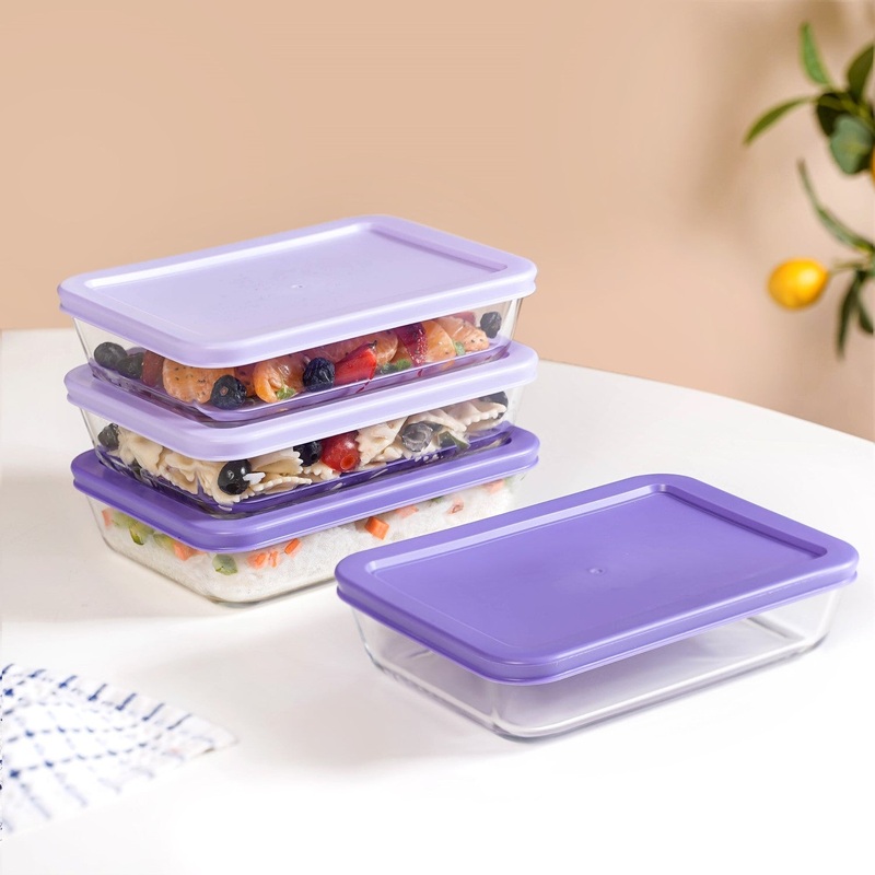 Set Of 4 Shallow Borosilicate Glass Food Storage Container 700ml