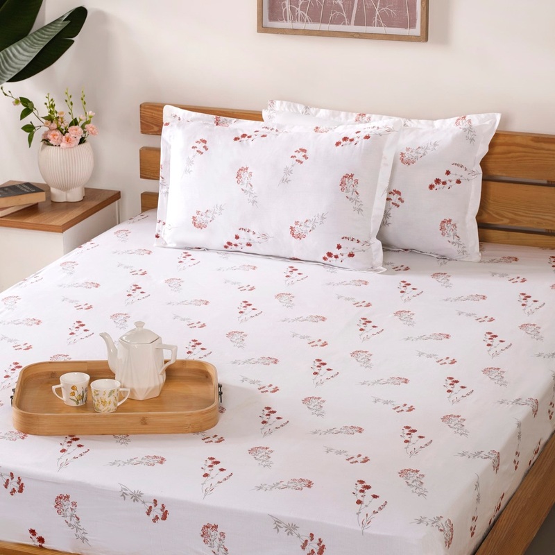 Chrysanthemum 180 TC Pure Cotton Bedding Set Soft Touch King Size Red 275x275 cm