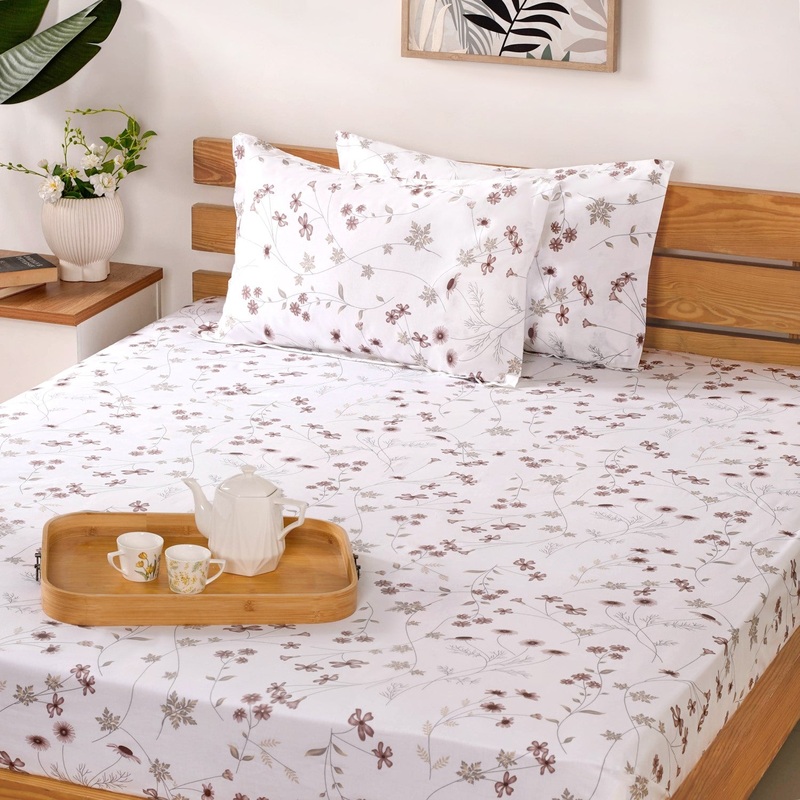 Floral Printed 180 TC Pure Soft Cotton King Size Night Bedsheet Set Taupe 275x275 cm