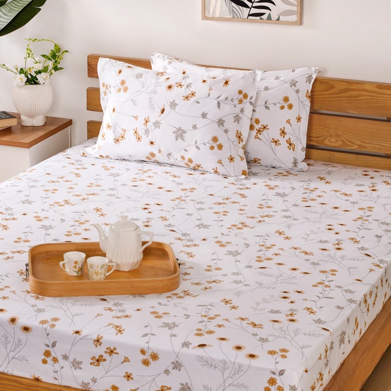 Yellow Floral Printed 180 TC Pure Cotton Bedding Set For King Size Bed 275x275 cm