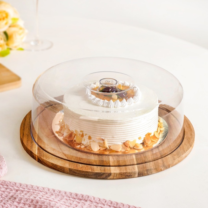 Acacia Wood Dessert Stand With Cloche 10 Inch