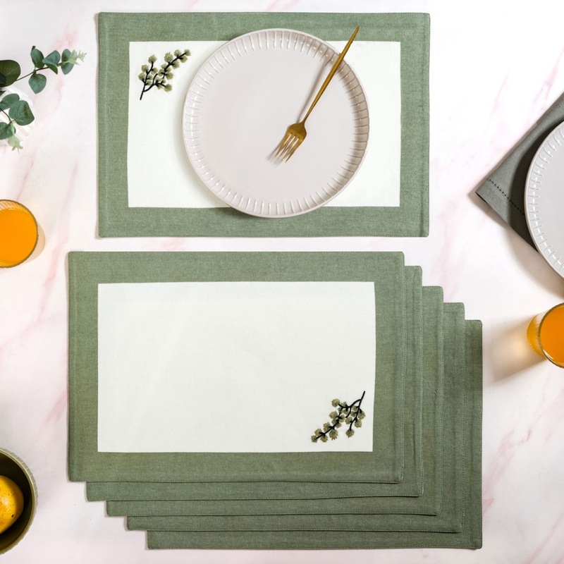 Midori Pure Cotton Table Mat Set Of 6 In Sage Green