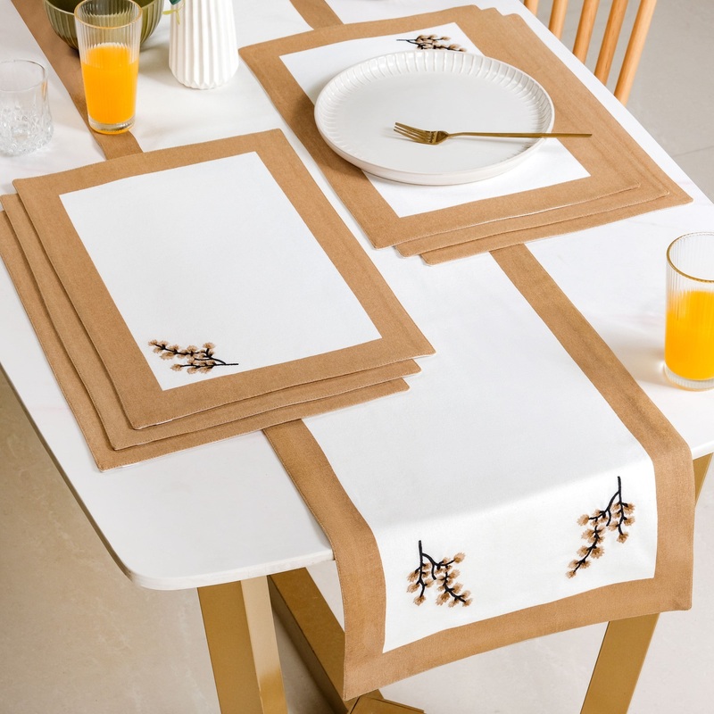 Midori Pure Cotton Table Runner And Placemat Set Of 7 In Brown