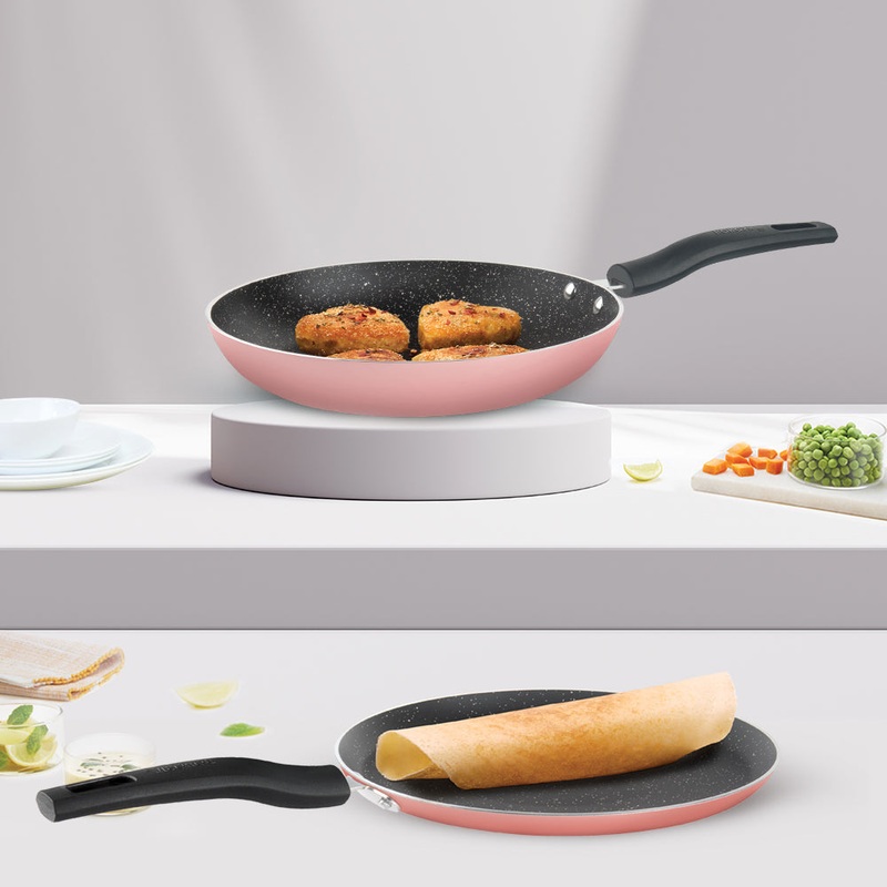 Borosil Festive Glory Cookware Set, Pink, 2 pc Set (Dosa Tawa + Fry Pan)
