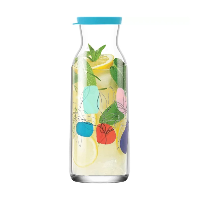 1.2 Litre Glass Bottle With Flower Pattern And Blue Silicone Lid