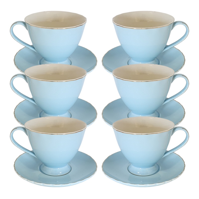 12 Piece Blue Cup And Saucer Set With Gold Rim