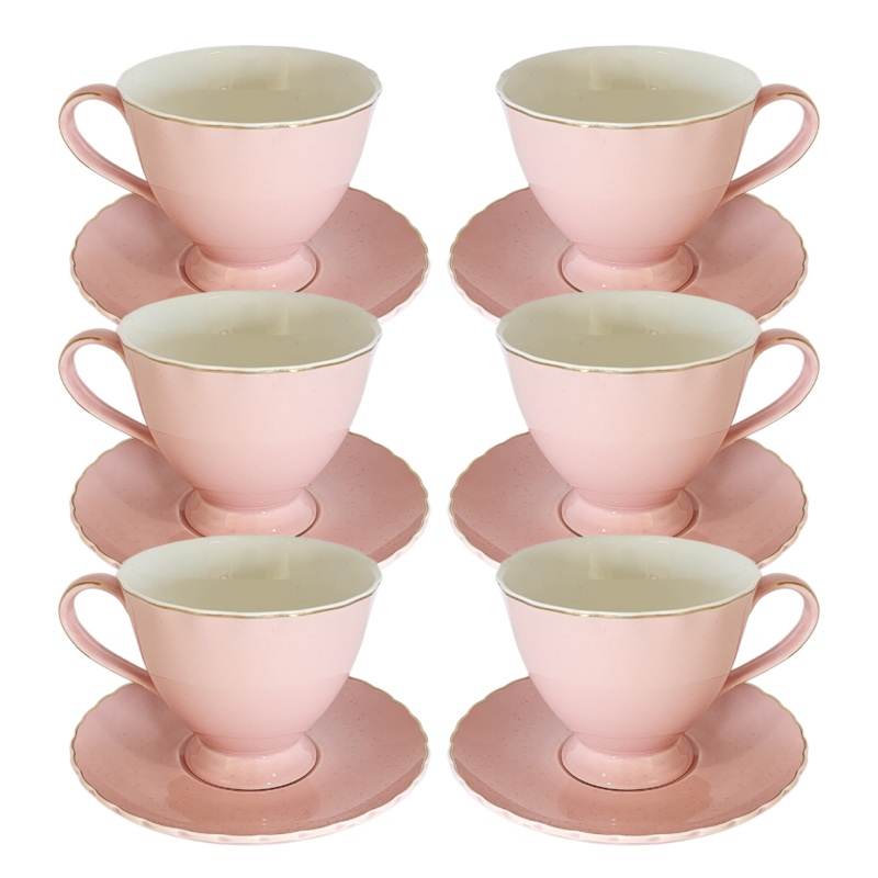 12 Piece Pink Cup And Saucer Set With Gold Rim