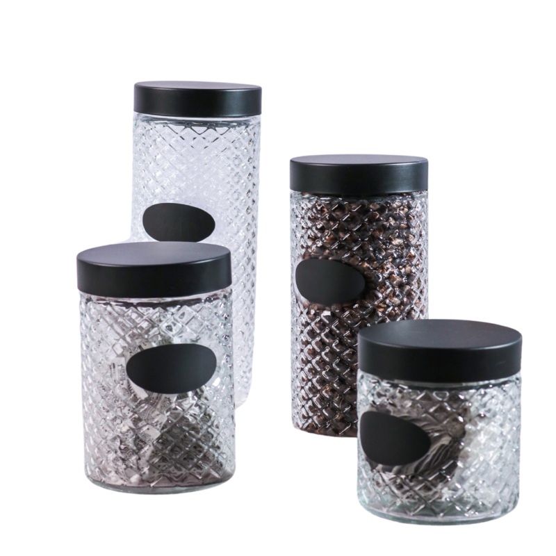4 Piece Glass Canister Set With Black Lid And Chalk Board