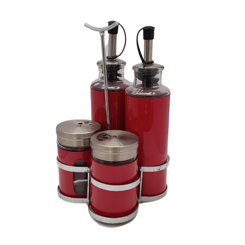 4 Piece Powder Coated Red Stainless Steel With Glass Cruet Set