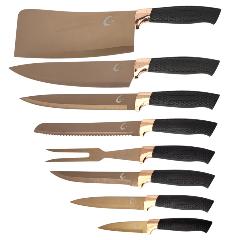 8 Piece Rose Gold Knife Set With Black Plastic Handle