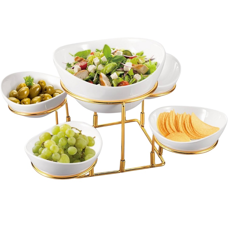 5 Piece Serving Bowl Set With Gold Stand