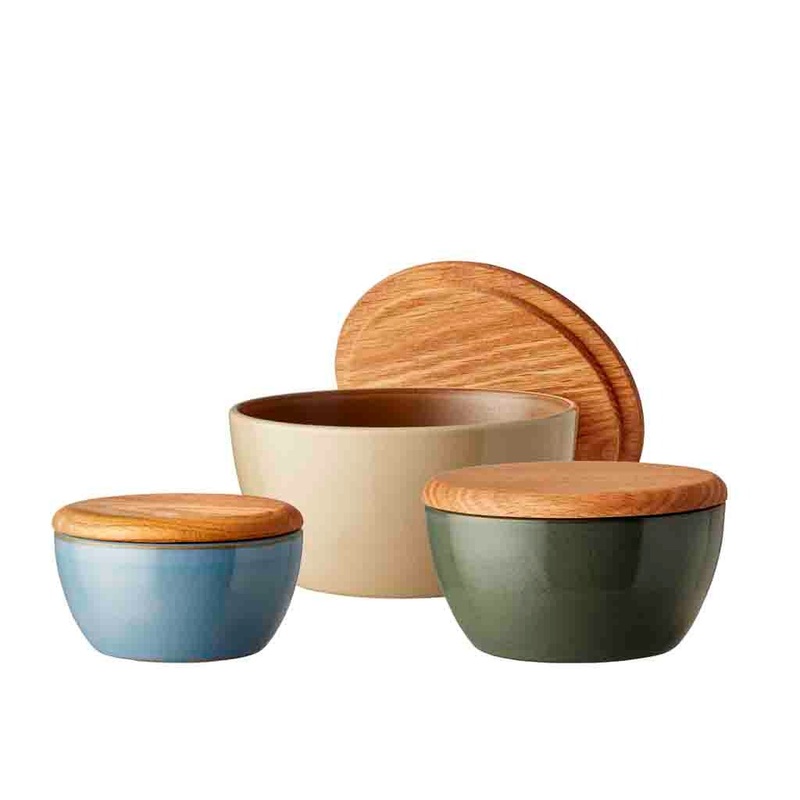 Bowl set with lid Wood 3 pcs Wood Asst. Stoneware/Oak