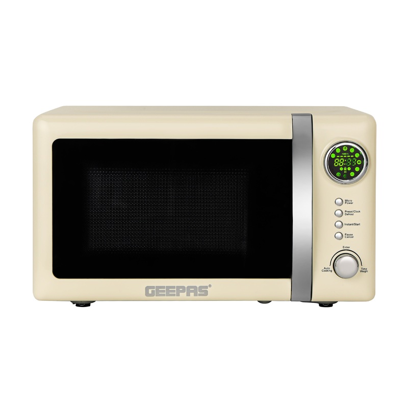 Geepas 20L Digital Display Microwave Oven/with 12 Quick Start Presets, Defrost Function, 700W Power Output, Child Lock/ Turnable Glass, Easy to Clean, Multi-Function, Perfect for Baking, Grilling , Toasting, Roasting, and More/ Cream Color