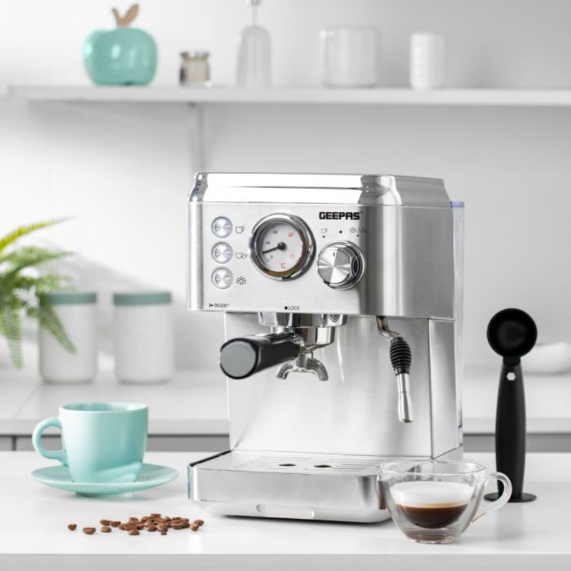 Geepas Espresso and Cappuccino Coffee Machine- GCM1523SS| Die-Cast  Aluminum Boiler and 1.8 L Detachable Water Tank| Makes Cappuccino, Lattes, Espresso