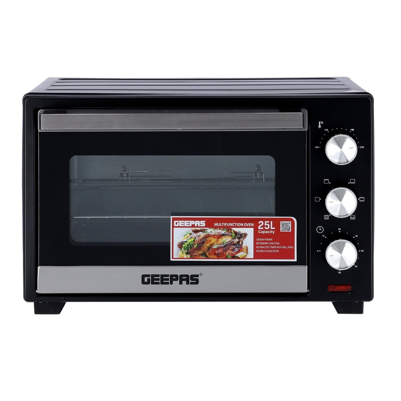 Geepas GO34049 25L Electric Kitchen Oven - Powerful 1600W with Crumb Tray, 60 Minutes Timer & Rotisserie & Convection Function | 6 Selectors for Baking & Grilling | 4 Accessories Included