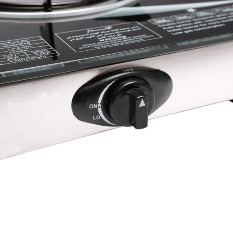 2-Burner Gas Hob - Size 70 mm & 90 mm - Attractive Design, 8mm Tempered Glass Worktop - Automatic Ignition, 2 Heating Zones 4.5Kw| Stainless Steel Frame | 2 Years Warranty