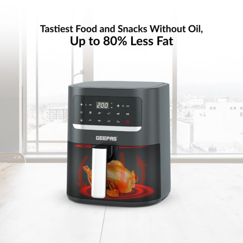 Geepas 1350W Air Fryer 3.2L - Hot Air Circulation Technology for Oil Free Low Fat Dry Fry Cooking Healthy Food - Non-Stick Basket, Dishwasher Safe, Overheat Protection - 2 Years Warranty