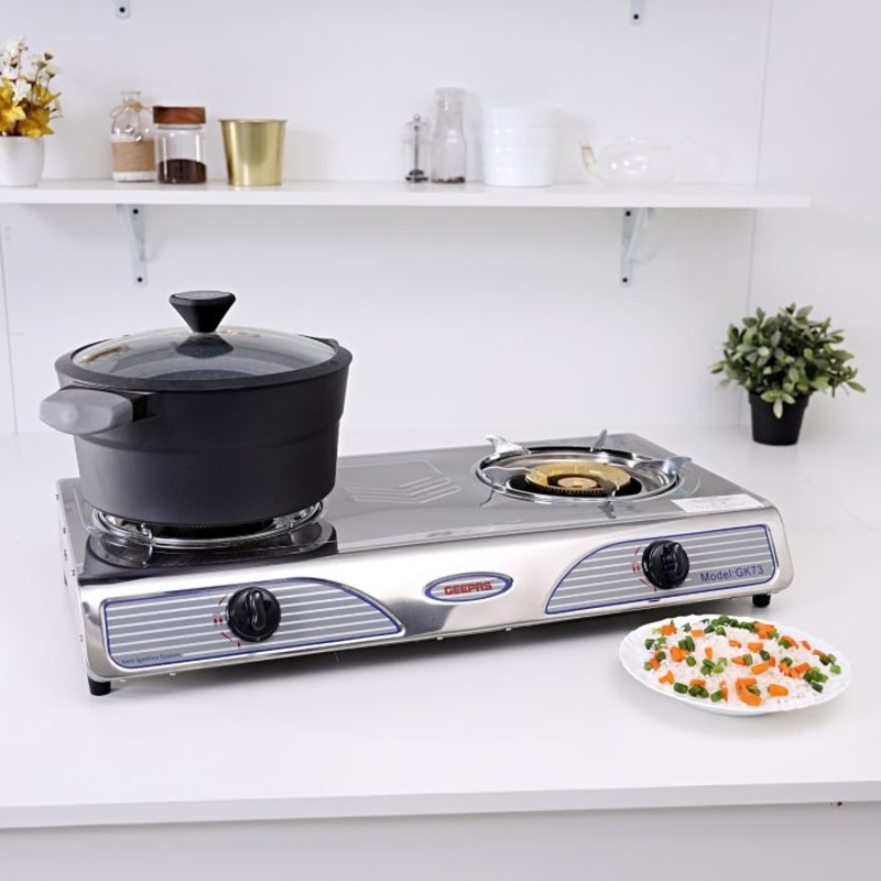 Geepas 2-Burner Gas Hob - Portable Attractive Design, Automatic Ignition, 2 Heating Zones | Stainless Steel Panel | Quick Cooking | Compatible to All Cook tops