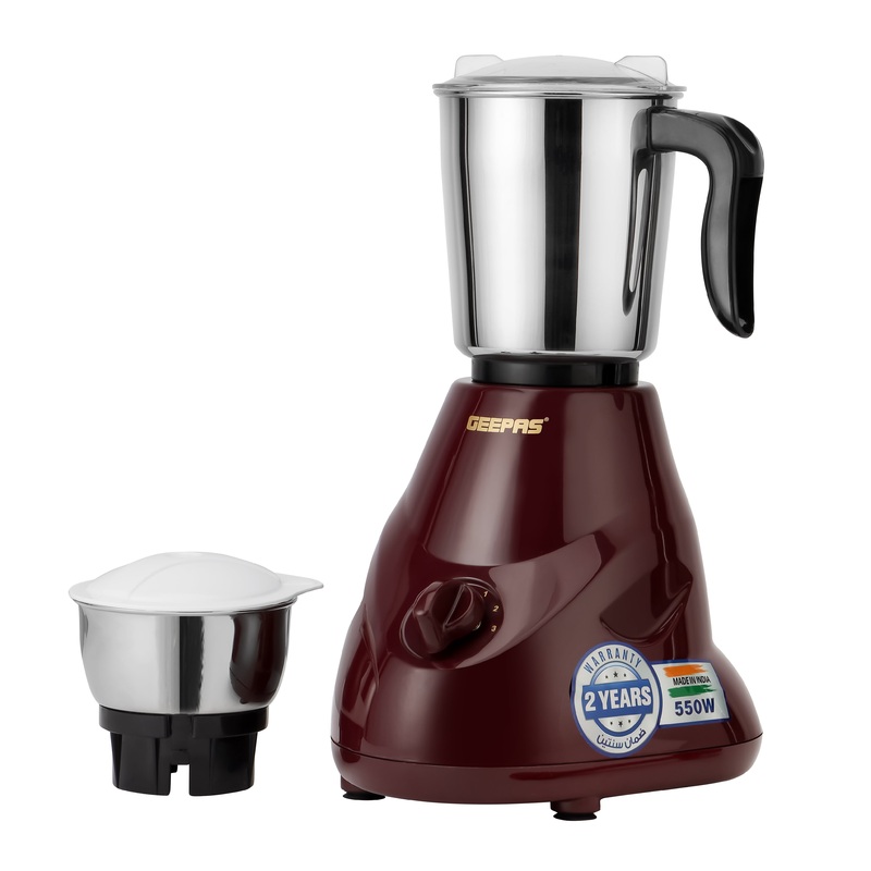 Geepas 2-IN-1 Mixer Grinder- GSB44091| 550W Powerful Motor, Stainless Steel Jars and Blade| Ergonomic Grip and Equipped with Overload Protector