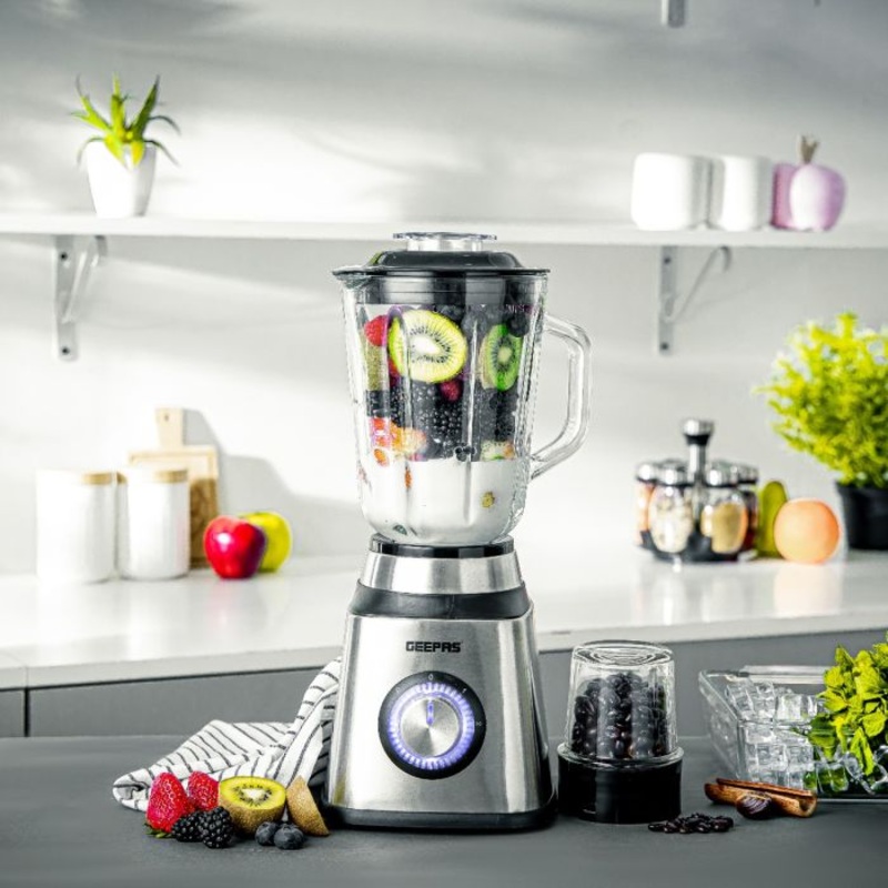Geepas 2-in-1 Stainless Steel Blender- GSB44076| 600W Powerful Motor and Sharp Blade| Transparent Glass Jars with Stainless Steel Blades| 2 Speed Settings with Pulse