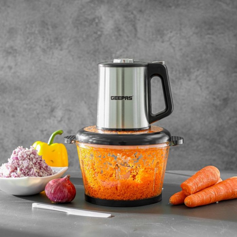Geepas 2 liter Multi Chopper- GMC42026N/ 500 W, Compact Multi-Purpose Chopping Machine, Mincing Function, Coarse and Fine/ Stainless Steel Housing