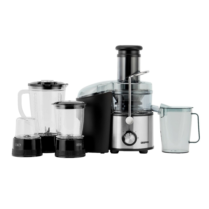 Geepas 4-IN-1 Stainless Steel Blender and Juice Extractor- GSB44016| 800 W Powerful Motor with 2 Speed Setting| 2 L Pulp Container, 1.1 L Juice Cup, 1.5 L Blender Jar