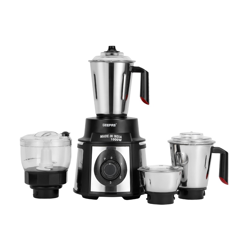 Geepas 5-IN-1 Mixer Grinder- GSB44108| 1000 W Powerful Copper Motor and Stainless Steel Jars with PC Caps| Modern Design, Durable Body, Robust Handles and Sharp Blades