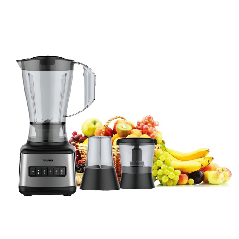 Geepas 500W 3 in 1 Stainless Steel Blender - 8 Speed Control , 1.5L Plastic jar, 4 Sharp Blades & 2 Blending Preset Juicer- Mill & Chopping Blender, Anti-Slip feet Design - 2 Year Warranty