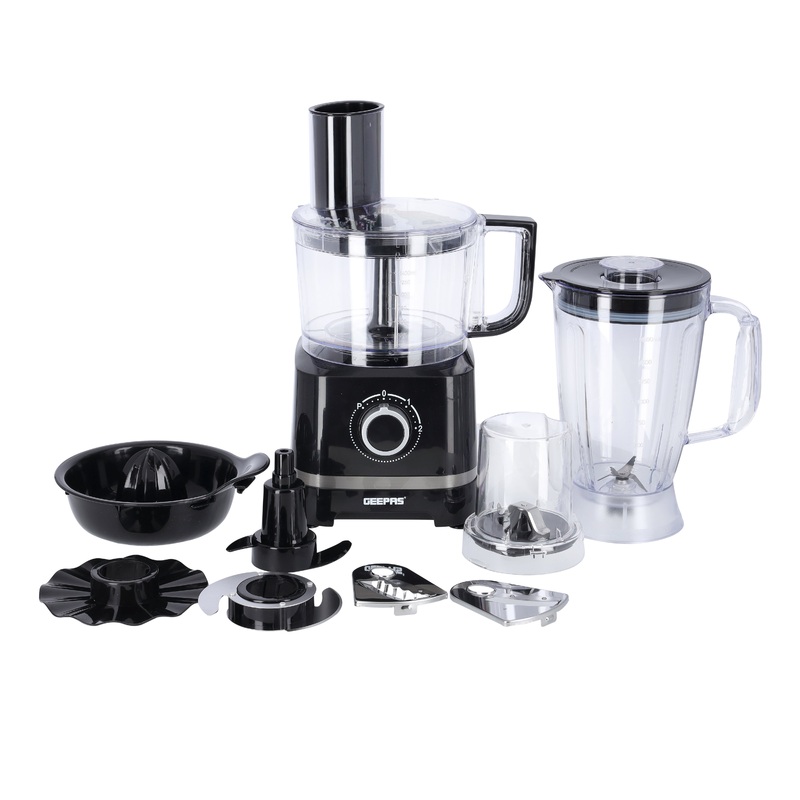 Geepas 800W 10-IN-1 Food Processor- GSB5487| Transparent Jars with Stainless Steel Blades for Blending, Slicing, Shredding, Cutting, Chopping, Whisking, and More