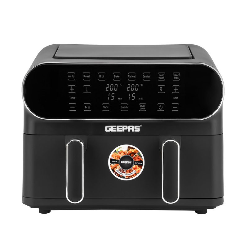 Geepas Digital Air Fryer- GAF37532| 11 L Capacity with 5.5 L Dual Baskets with Separator| 1-60 Min Timer| Ideal for Fries, Steak, Chicken, Cake